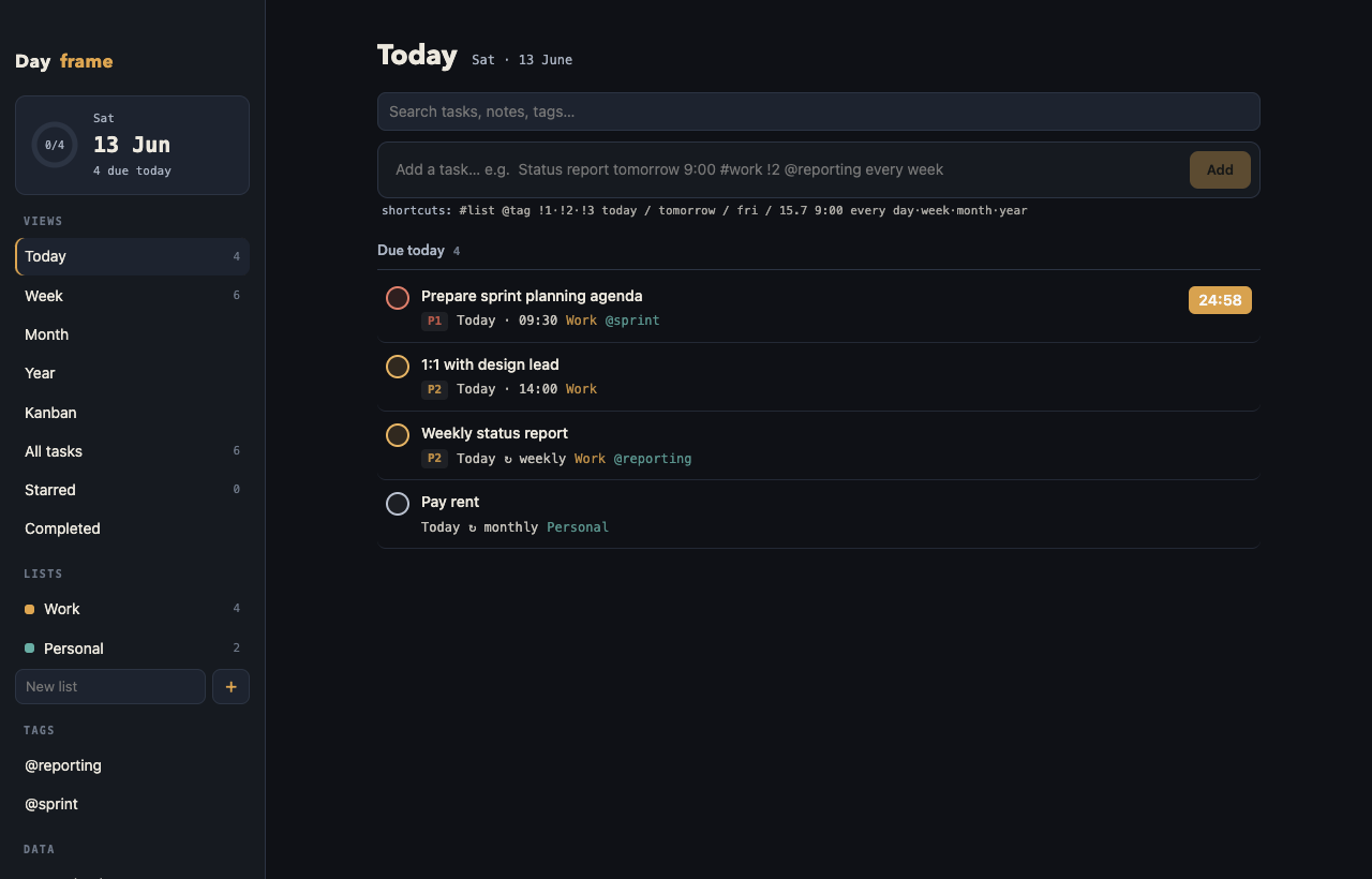 Dayframe main window — Today view with tasks and a running Pomodoro timer